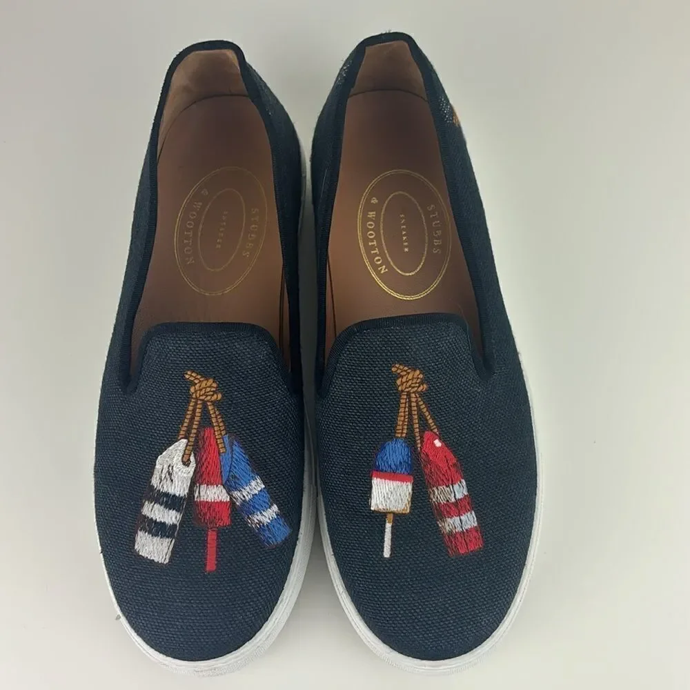 Stubbs and Wootton Men's Embroidered Nautical Linen Slip on Sneakers Size 9.5